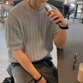 Hearujoy Men's Clothing Light Luxury Hollow Out O Neck Knit T Shirt Leisure Solid Color Short Sleeve Korean Popular Retro Knitwear M-2XL